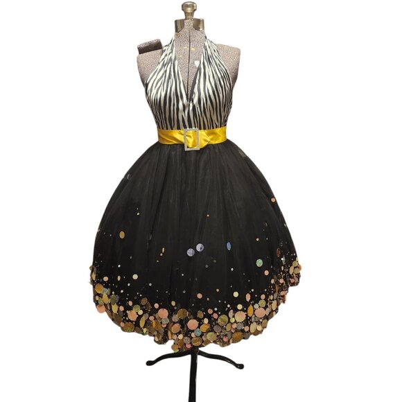 Size 4 Terani Satin Zebra Stripe & Net Tulle Halter Neck Party Dress AB Sequins - Picture 1 of 9